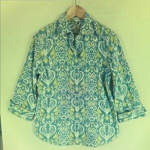 Patterned Blue and Yellow Button-Up Shirt